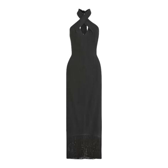 J. Crew Black Crepe Halter Midi Dress | Fringe Hem Cocktail Party Style NWT | 10 - Picture 4 of 15